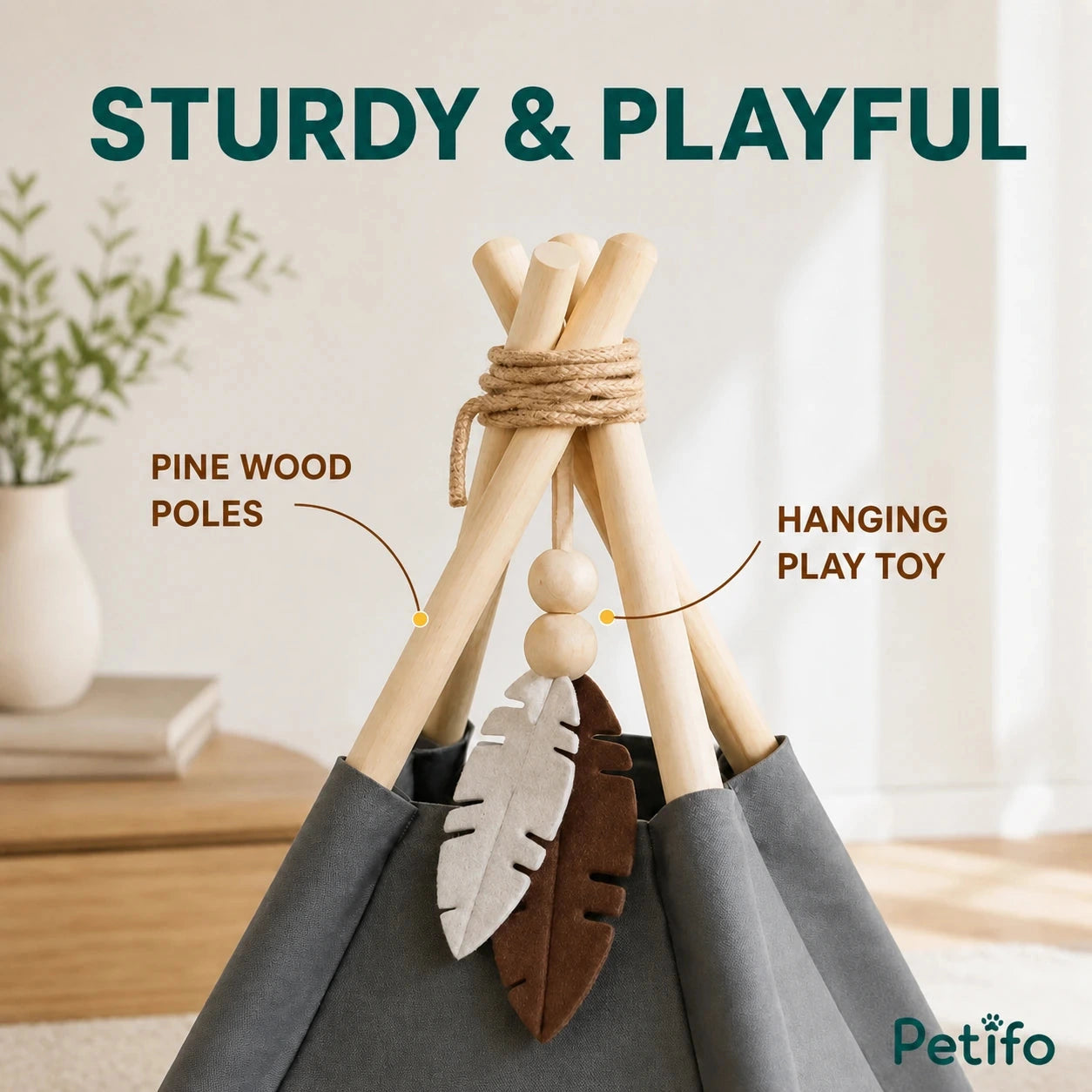 PawHut teepee pet bed: Pine poles, hanging toy and decorative details on the teepee - Petifo