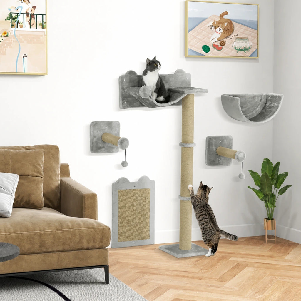PawHut wall-mounted cat climbing set installed in a bright room - Petifo