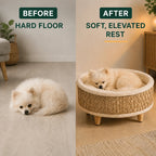 Before and after using the raised PawHut seagrass pet bed - Petifo