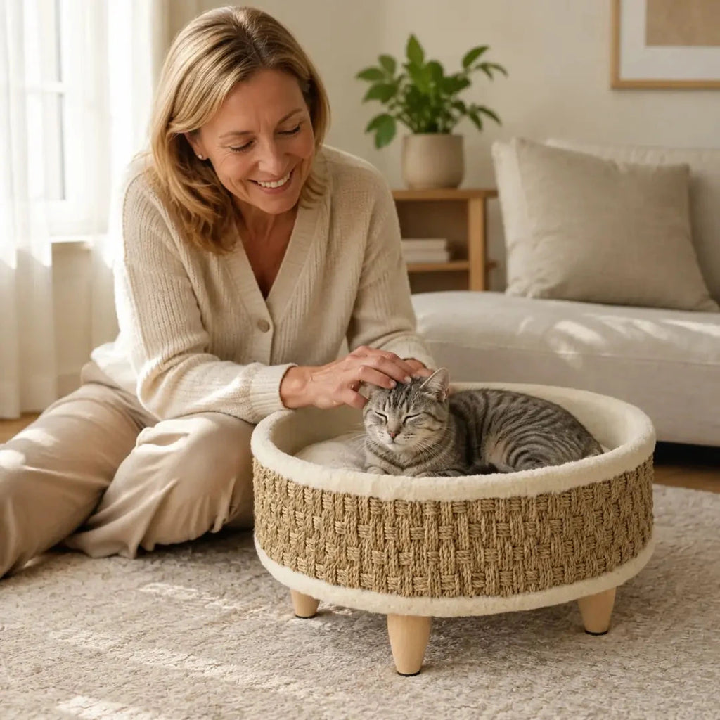 Cat resting in the PawHut woven seagrass pet bed - Petifo