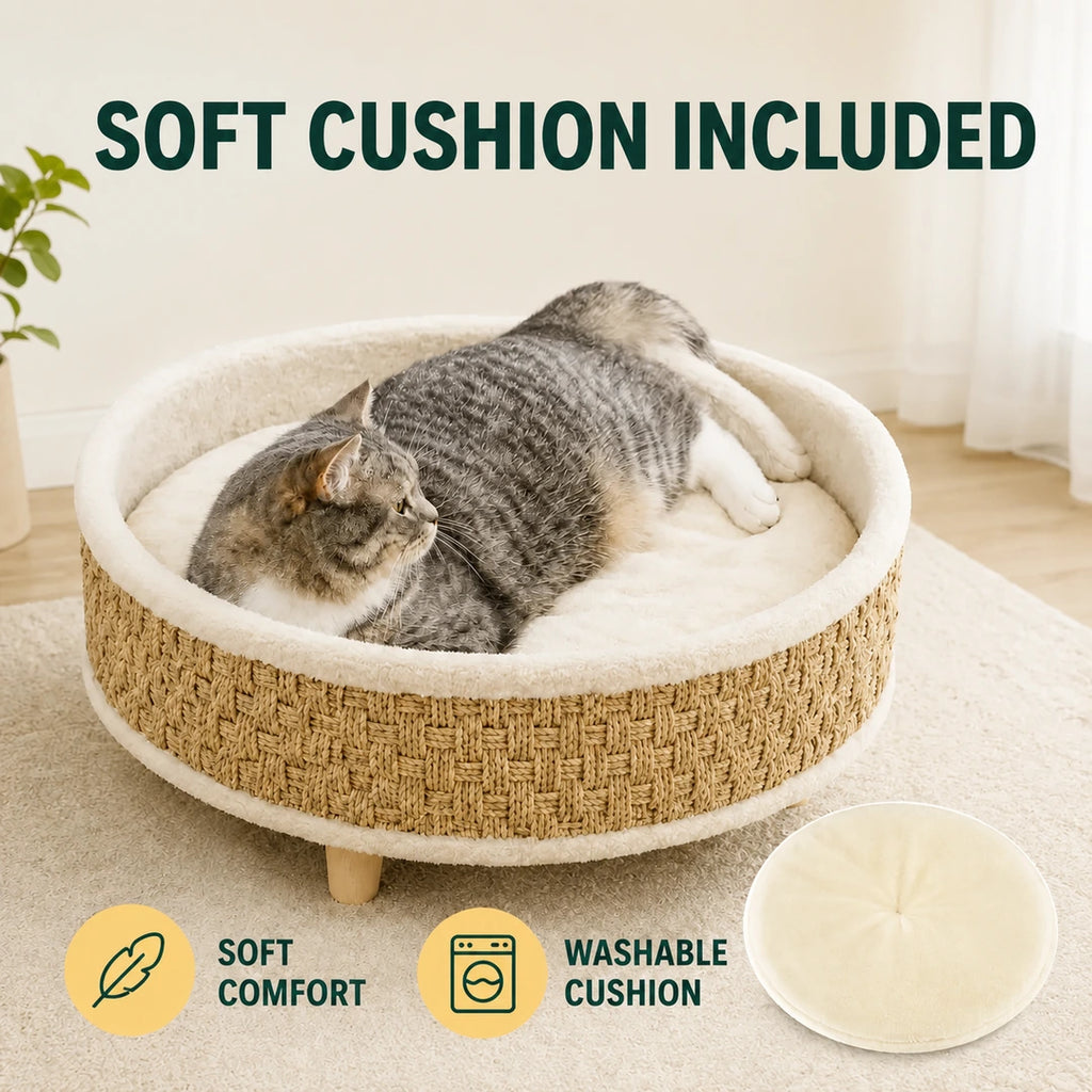 Soft removable cushion in the PawHut woven seagrass pet bed - Petifo