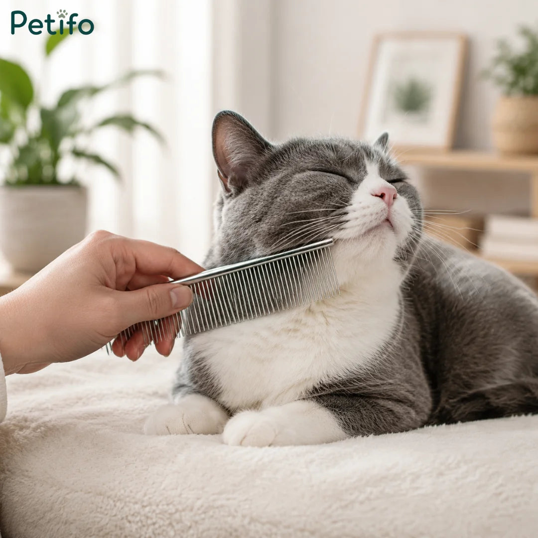  A gray and white cat happily enjoying being brushed under the chin with a Petifo stainless steel grooming comb.